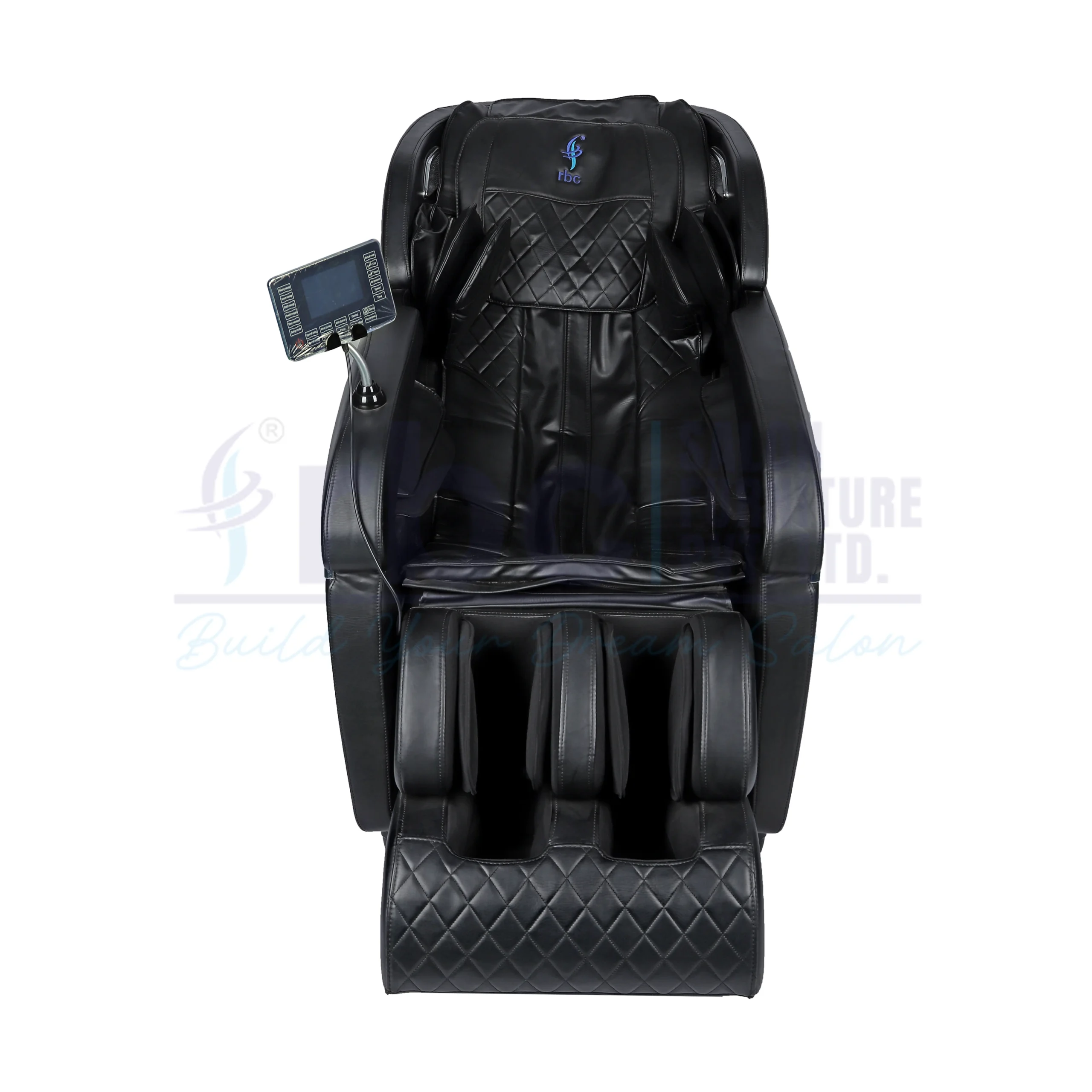 RBC 912 All-Black Luxury Full Body Reclining Massage Chair Front View with Touch Screen Remote Display