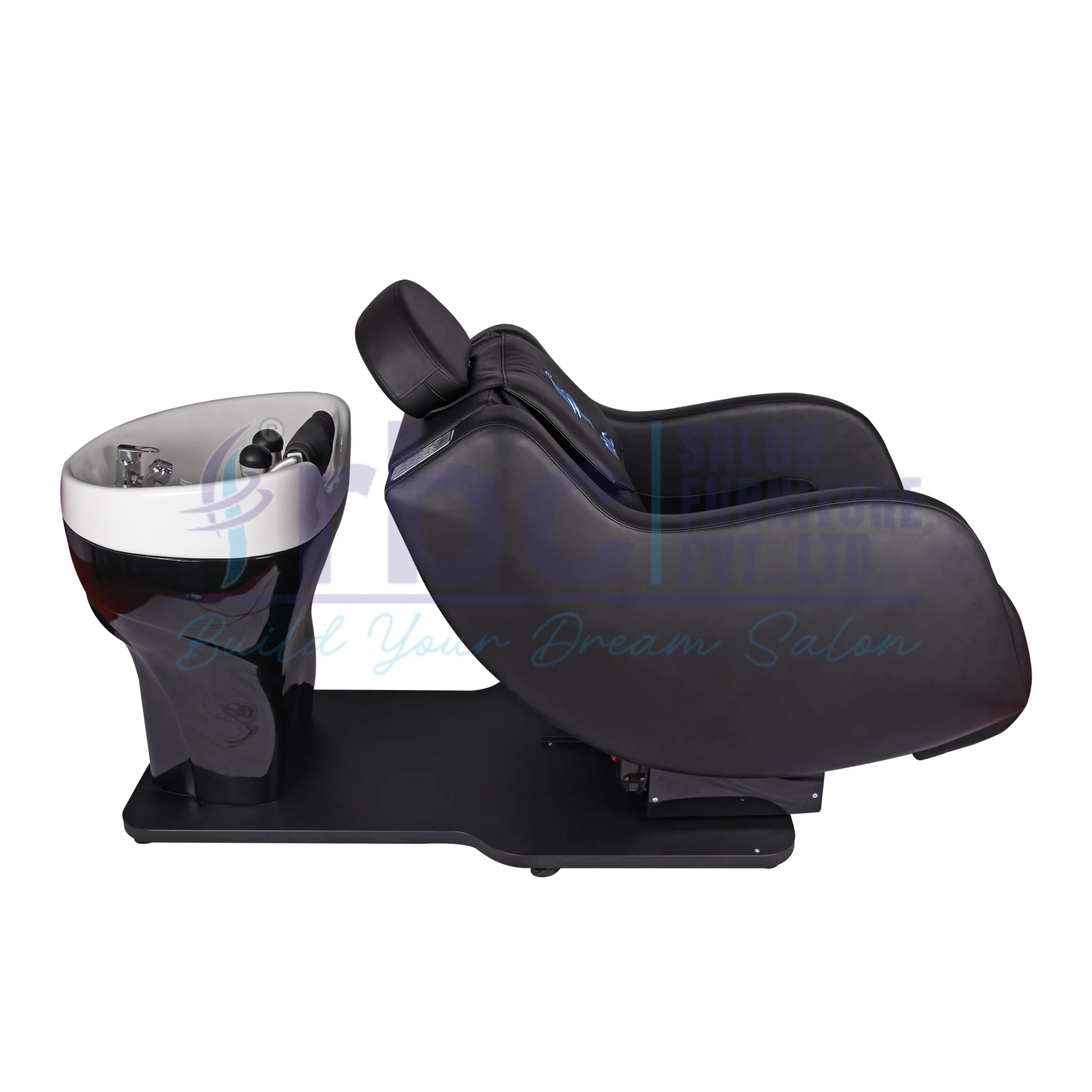 RBC 917 Black Leatherette Full Body Massage Shampoo Station Chair with White Ceramic Basin and Leg Massager
