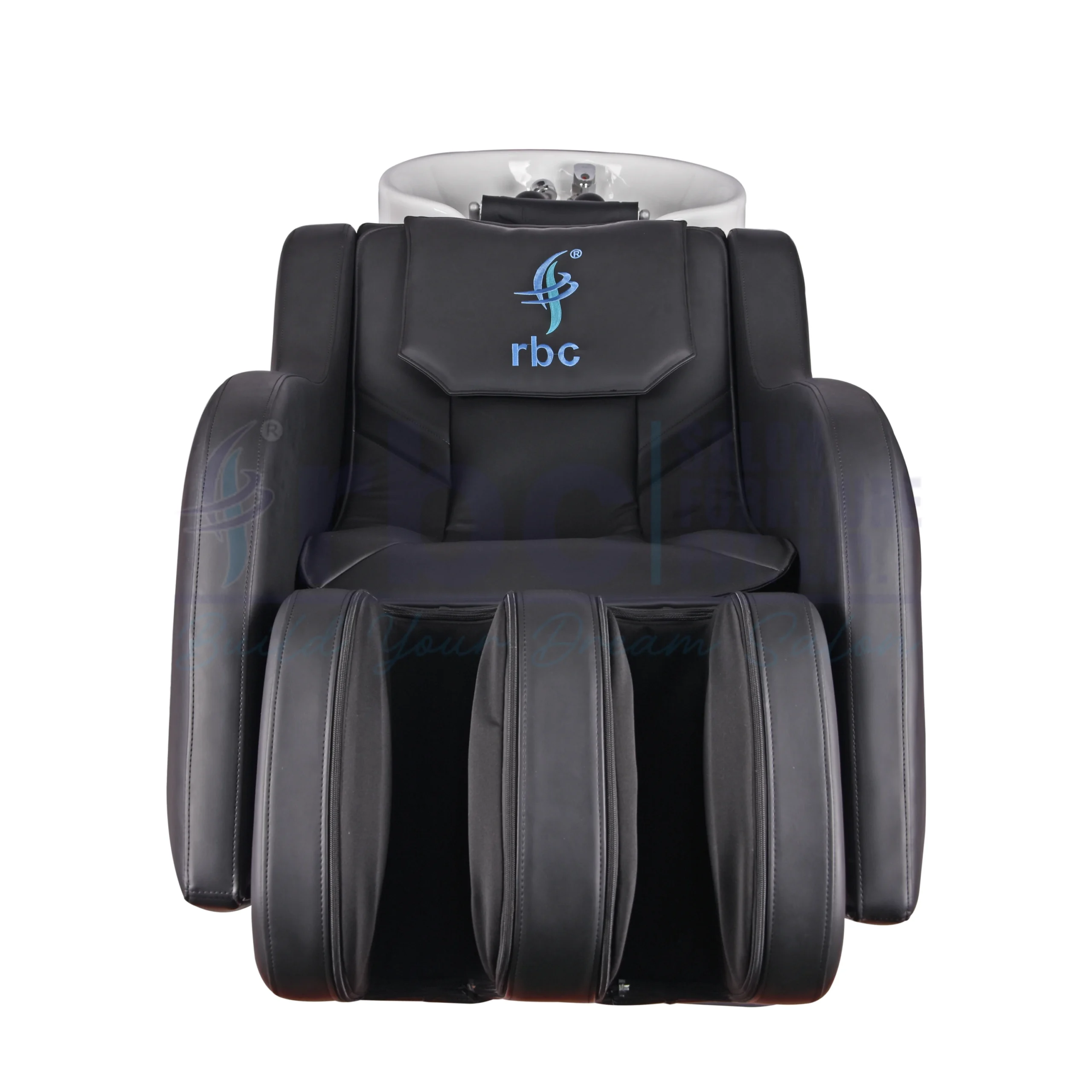 RBC 917 Black Leatherette Full Body Massage Shampoo Station Chair with White Ceramic Basin and Leg Massager