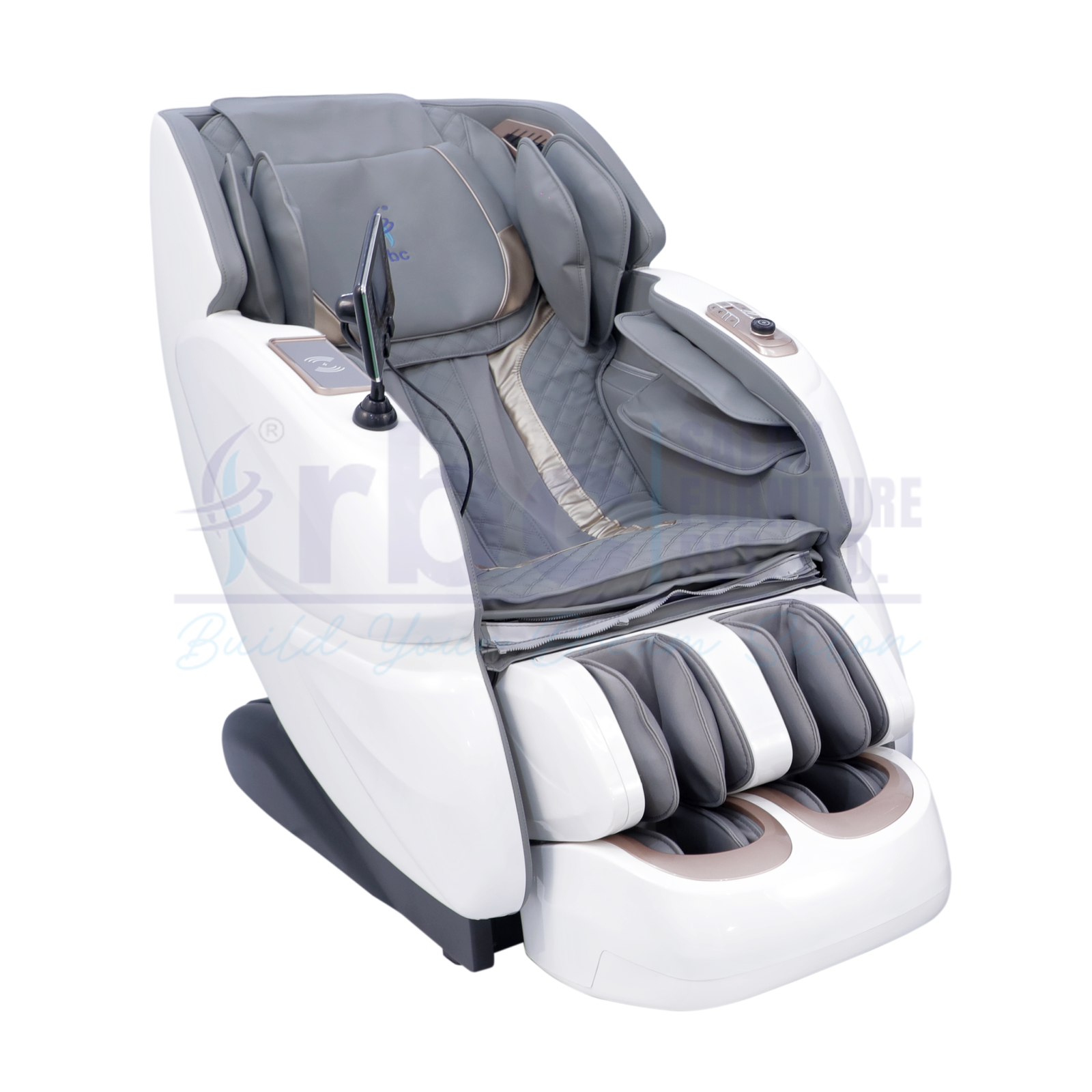RBC 918 Slate Grey and Gold Luxury Full Body Reclining Massage Chair Front View with Touch Screen Display and Phone Holder