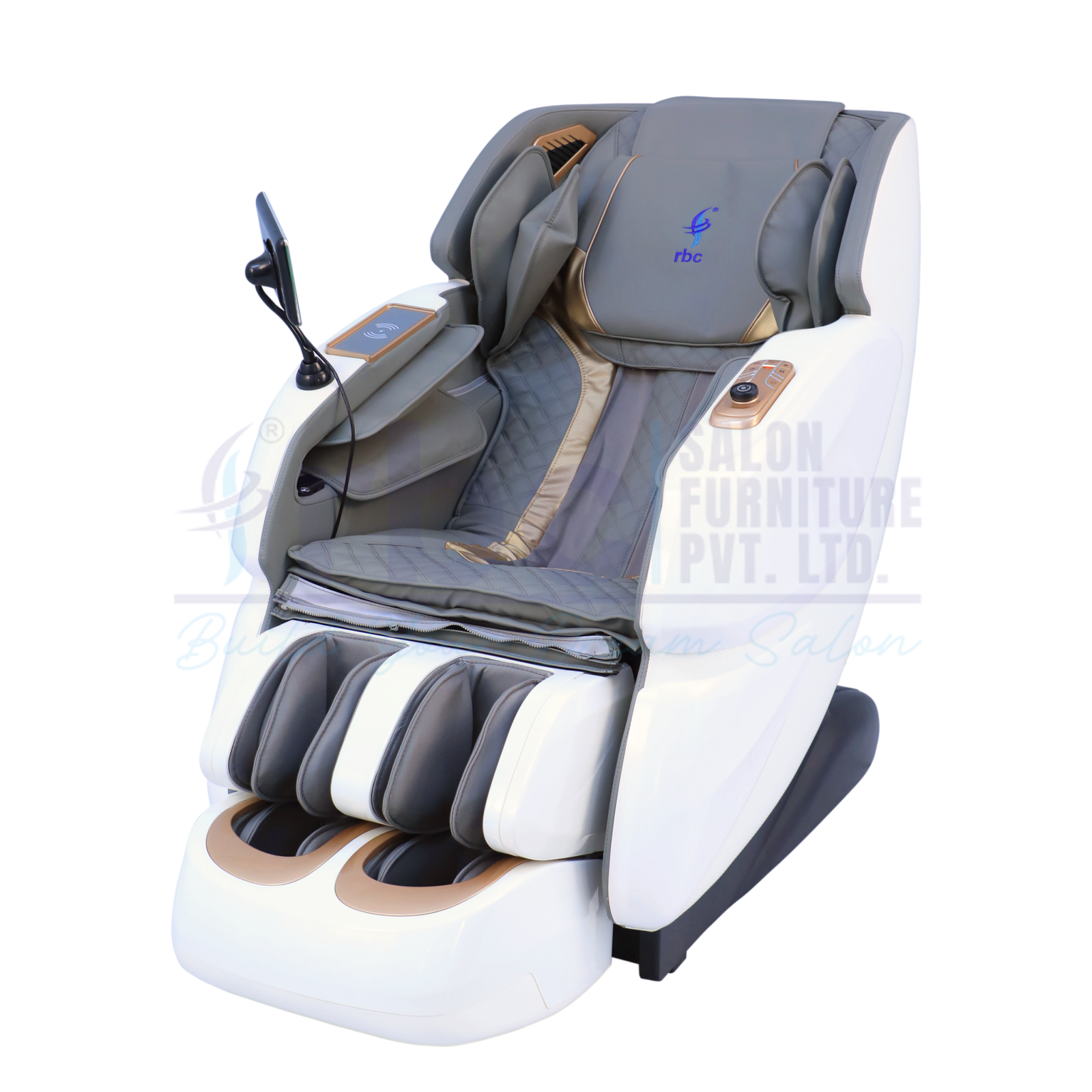 RBC 918 Slate Grey and Gold Luxury Full Body Reclining Massage Chair Front View with Touch Screen Display and Phone Holder
