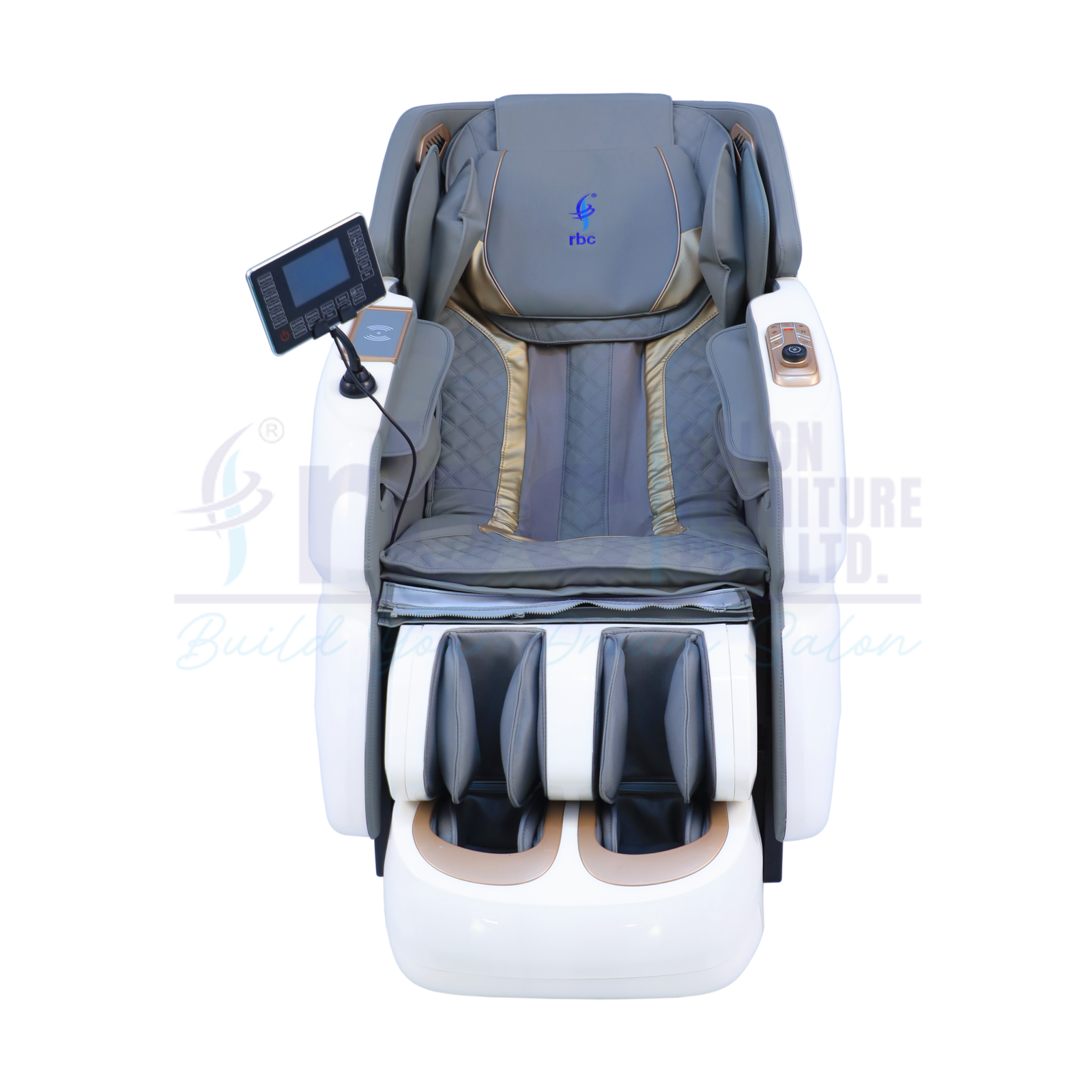 RBC 918 Slate Grey and Gold Luxury Full Body Reclining Massage Chair Front View with Touch Screen Display and Phone Holder