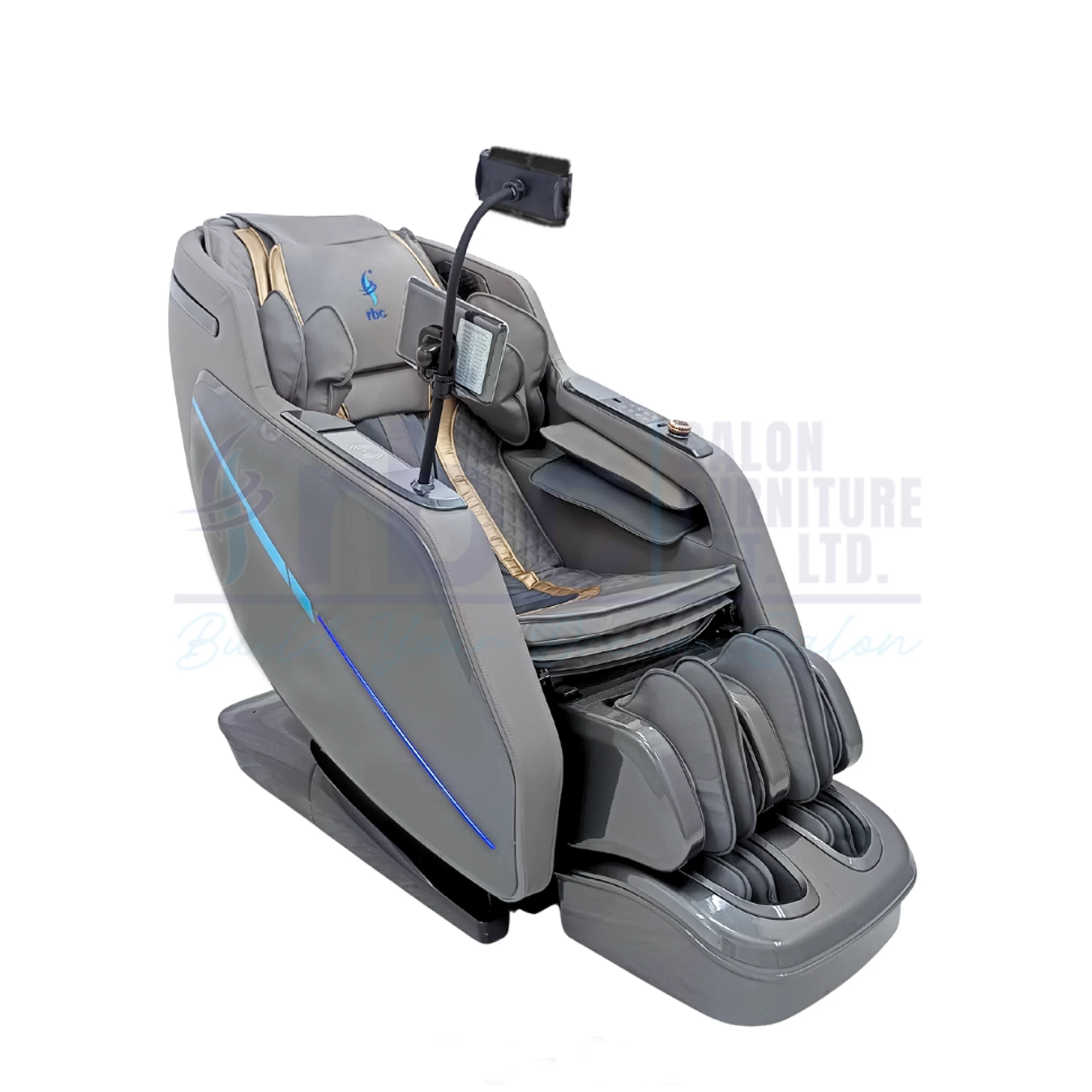 RBC 919 Grey and Gold Luxury Full Body Reclining Massage Chair with Touch Screen Display and Phone Holder