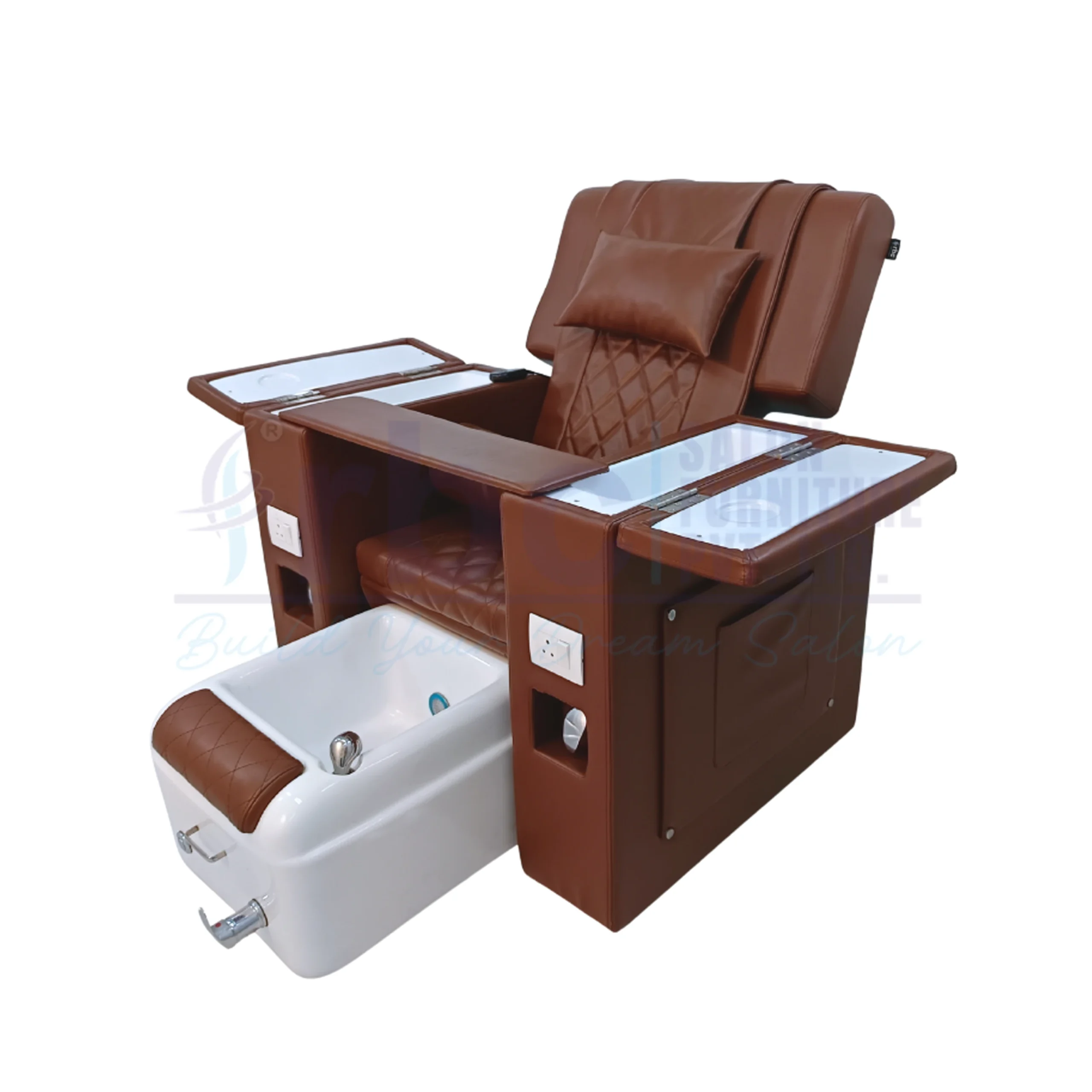 rbc 932 tan brown reclining pedicure chair with foldable manicure tables and white foot spa tub ff