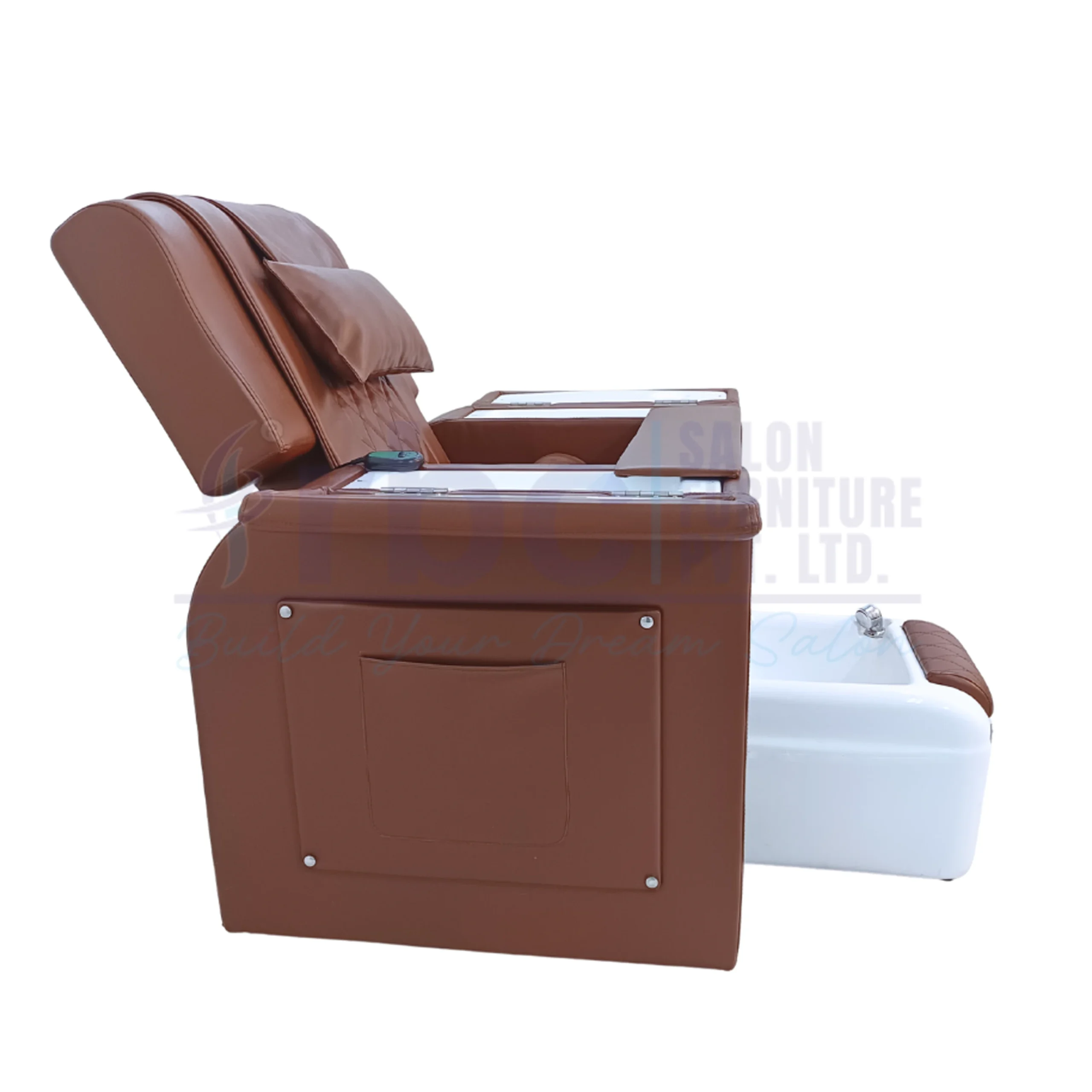 rbc 932 tan brown reclining pedicure chair with foldable manicure tables and white foot spa tub r