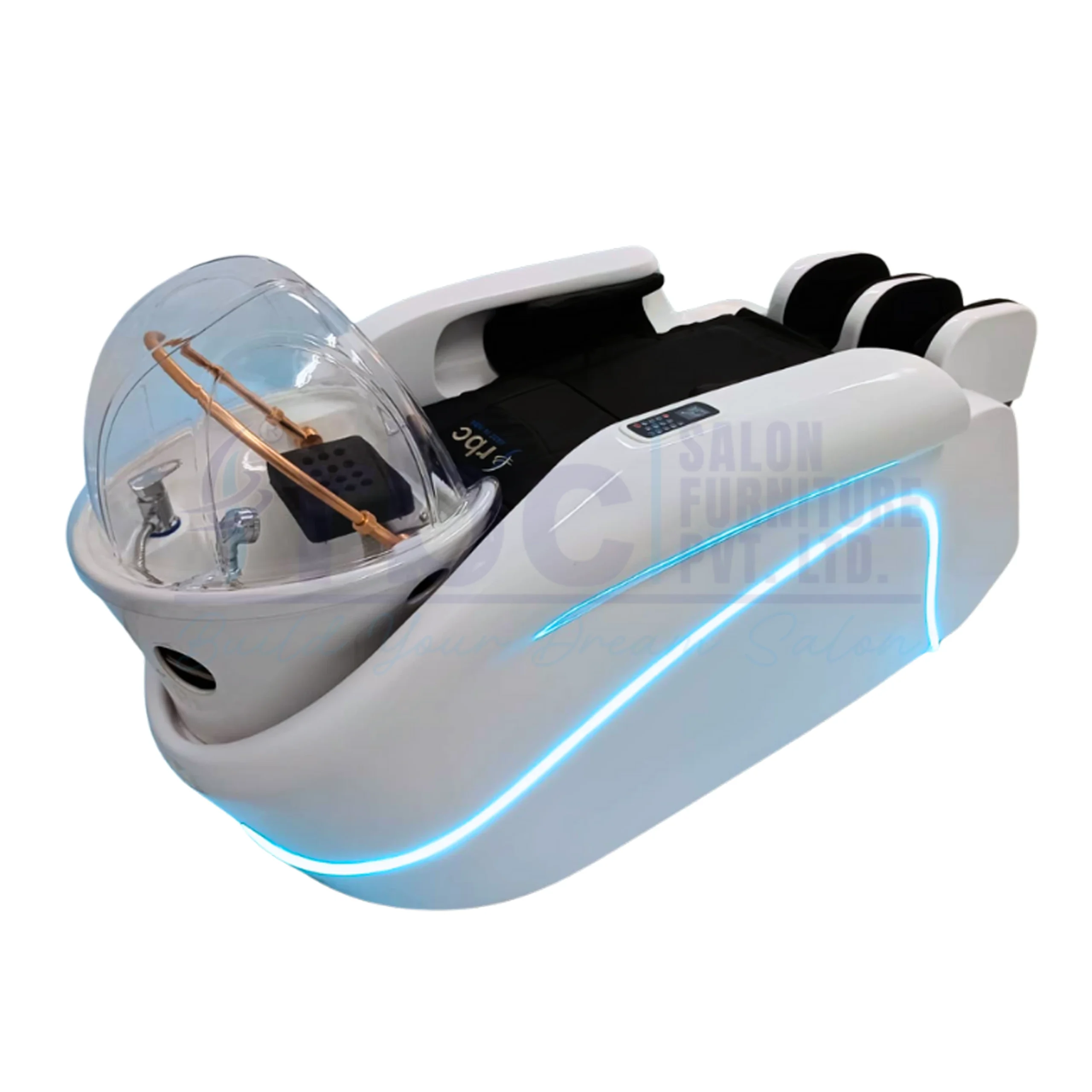 RBC 933 White Full Body Massage Shampoo Station with Blue LED Lighting Strip and Golden Water Arch
