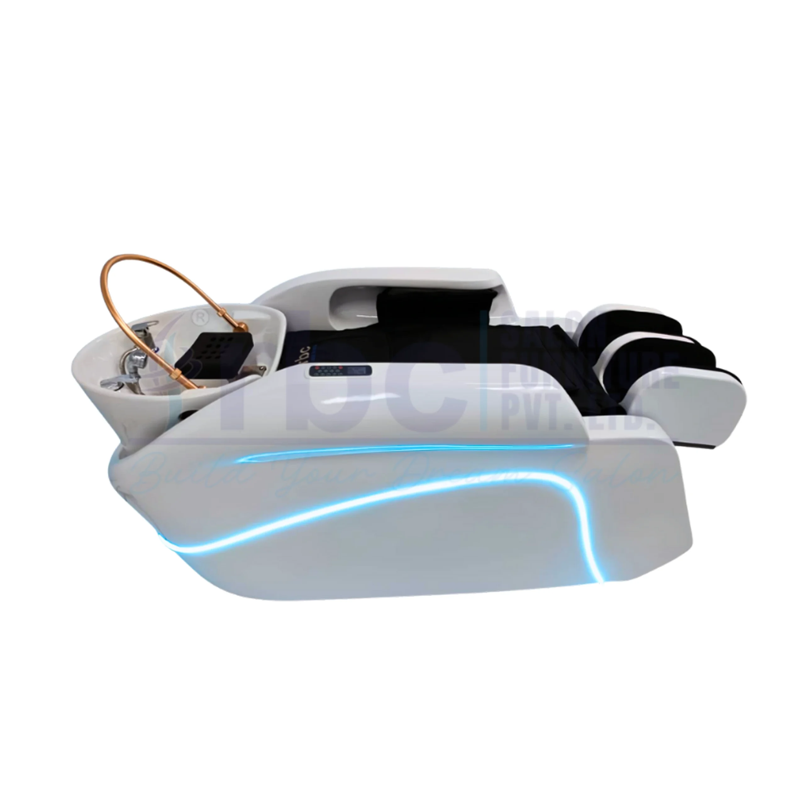 RBC 933 White Full Body Massage Shampoo Station with Blue LED Lighting Strip and Golden Water Arch