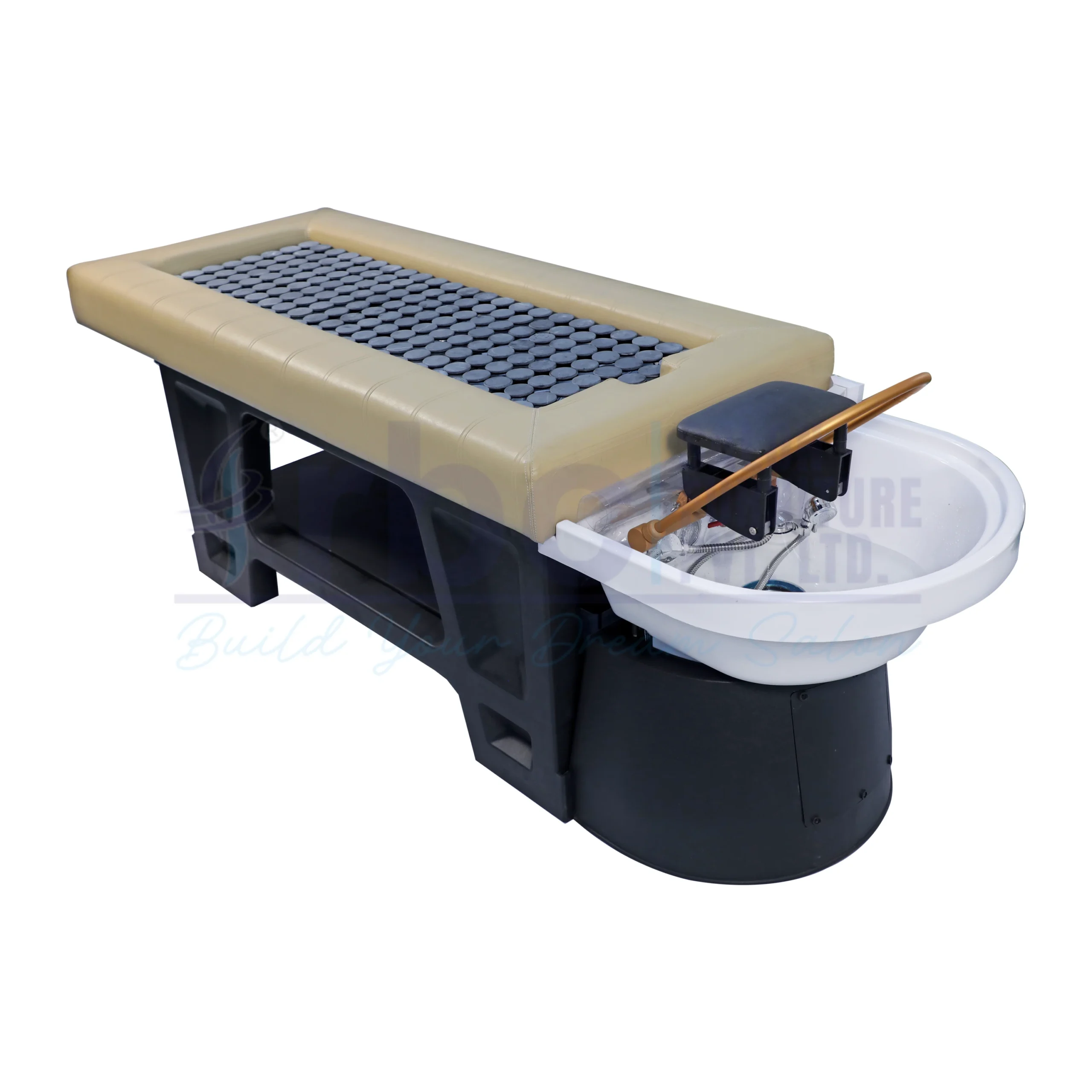 RBC 935 Korean Head Spa Bed featuring Beige Cushion, Black Acupressure Thermal Mat, White Shampoo Basin and Water Circulation Ring