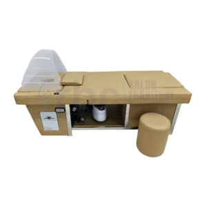 RBC 937 Korean Head Spa Shampoo Bed with Clear Acrylic Steam Hood, Water Circulation Ring, Beige Cushion and Matching Stool