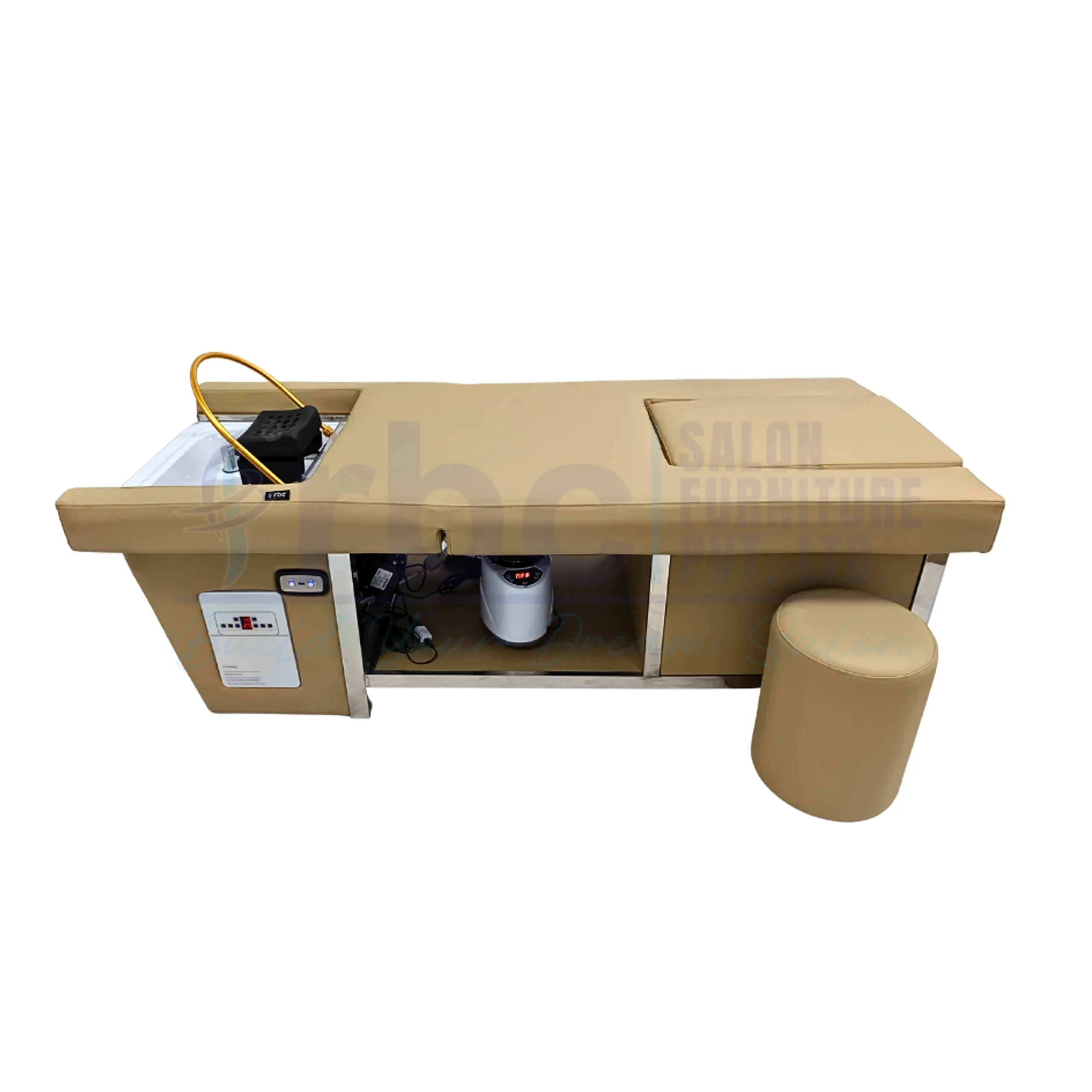 RBC 937 Korean Head Spa Shampoo Bed with Clear Acrylic Steam Hood, Water Circulation Ring, Beige Cushion and Matching Stool