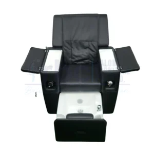 RBC 938 Black Reclining Pedicure Chair in Closed Position with Matching High-Back Technician Stool
