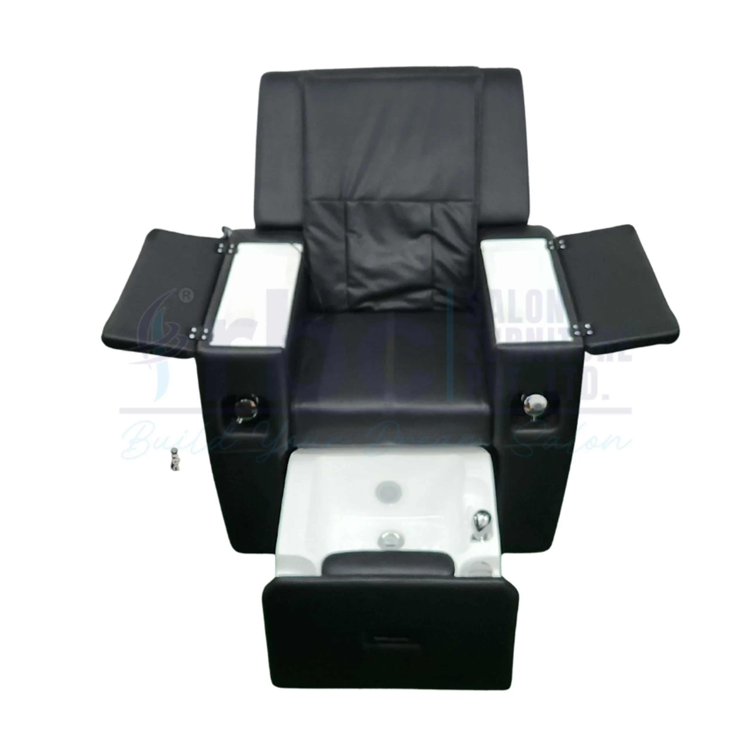 RBC 938 Black Reclining Pedicure Chair in Closed Position with Matching High-Back Technician Stool