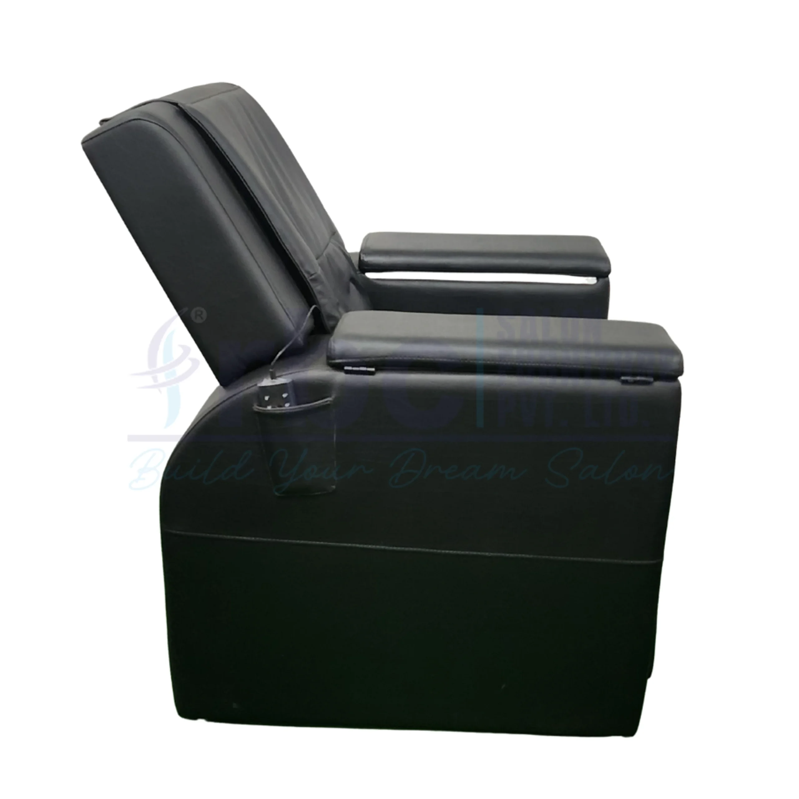 RBC 938 Black Reclining Pedicure Chair in Closed Position with Matching High-Back Technician Stool