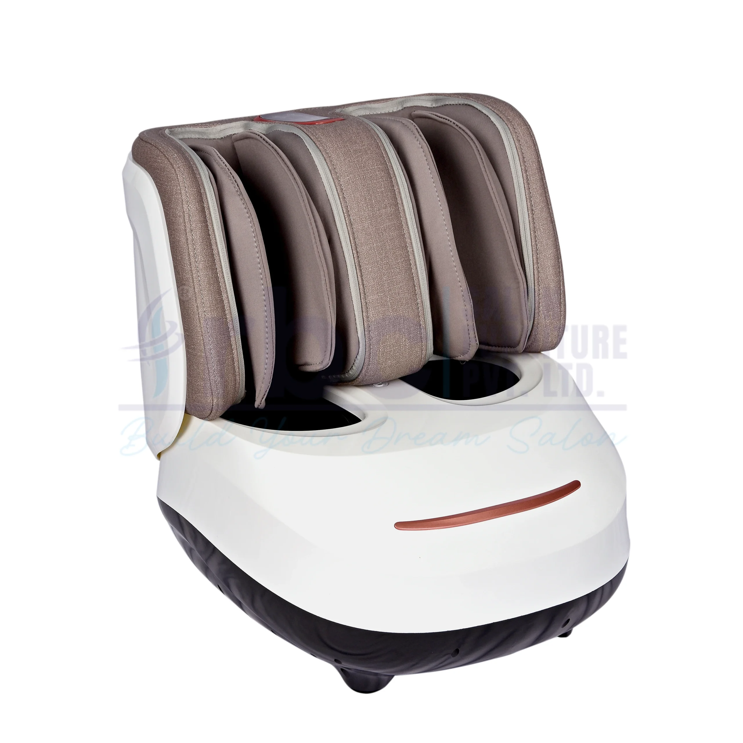 RBC F02 W White Electric Foot and Calf Massager with Taupe Fabric Airbags and Rose Gold Accent