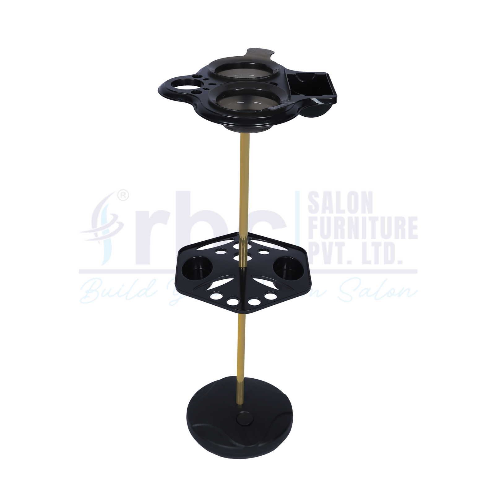 RBC 70 Black Hair Extension and Coloring Trolley Stand with Gold Pole, Dual Color Bowls, and Tool Tray